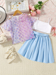 Girl's Flower Decor Mesh T shirt & Skirt Set Outfits For Summer