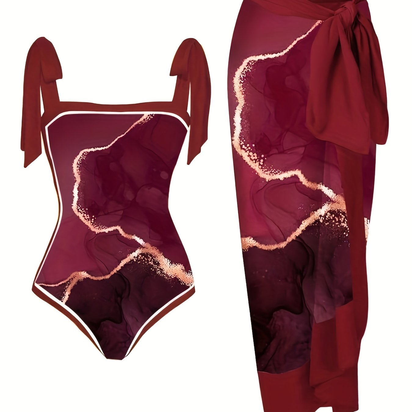 Burgundy Print Two Piece Swimsuit with Cover Up Shirt