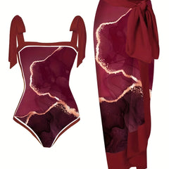 Burgundy Print Two Piece Swimsuit with Cover Up Shirt