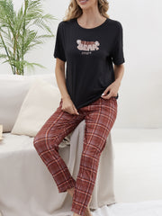 Letter Print Pajama Set Crew Neck Top & Plaid Pants Women's Loungewear