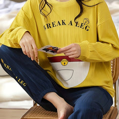 Letter Print Pajama Set Long Sleeve Top & Pants Women's Sleepwear