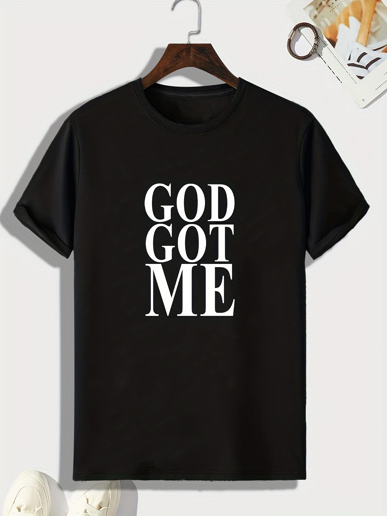GOD GOT ME Pattern Print Men's Comfy Sports T shirt Graphic Tee