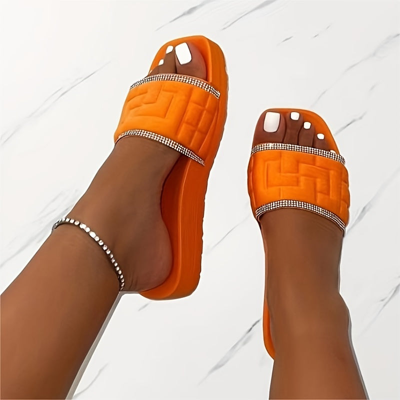 Women's Rhinestone Slide Sandals Square Toe Comfortable Beach Shoes