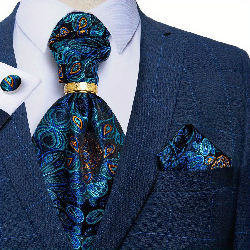 Men's Formal Silk Cravat Hanky Ring Set Ascot Vintage Plain Necktie Scarf