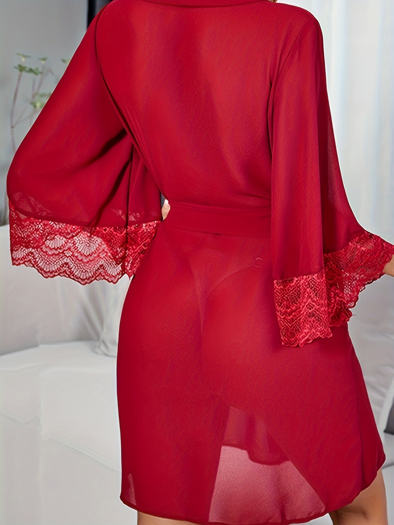 Contrast Lace Night Robe 3 4 Sleeve V Neck Robe With Belt