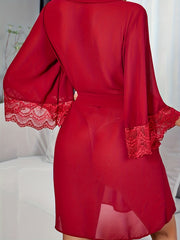 Contrast Lace Night Robe 3 4 Sleeve V Neck Robe With Belt