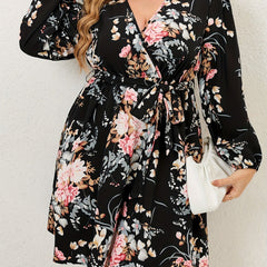 Floral Print Lantern Sleeve Knee Length Dress With Belt
