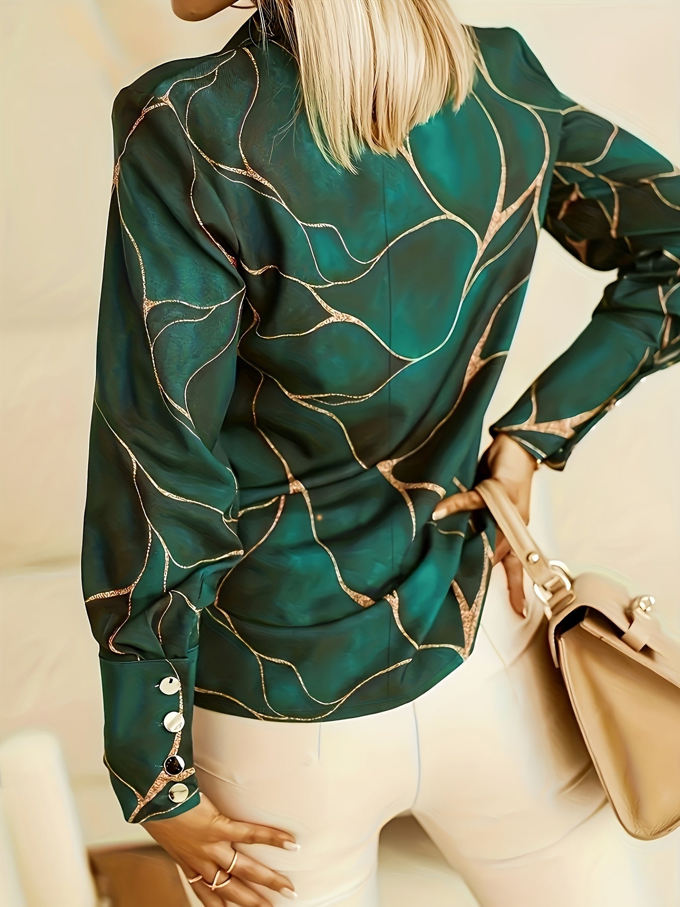 Casual Blouse Women's Plus Marble Print Button Up Long Sleeve