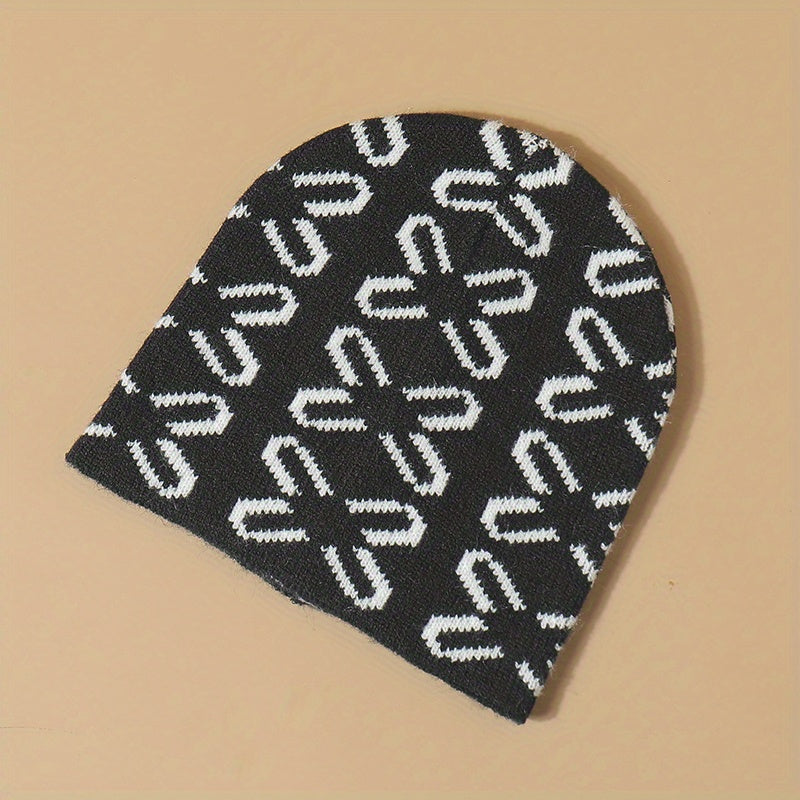 Geometric Jacquard Beanie Y2K Knit Hat Solid Hip Hop Elastic Skull Hat