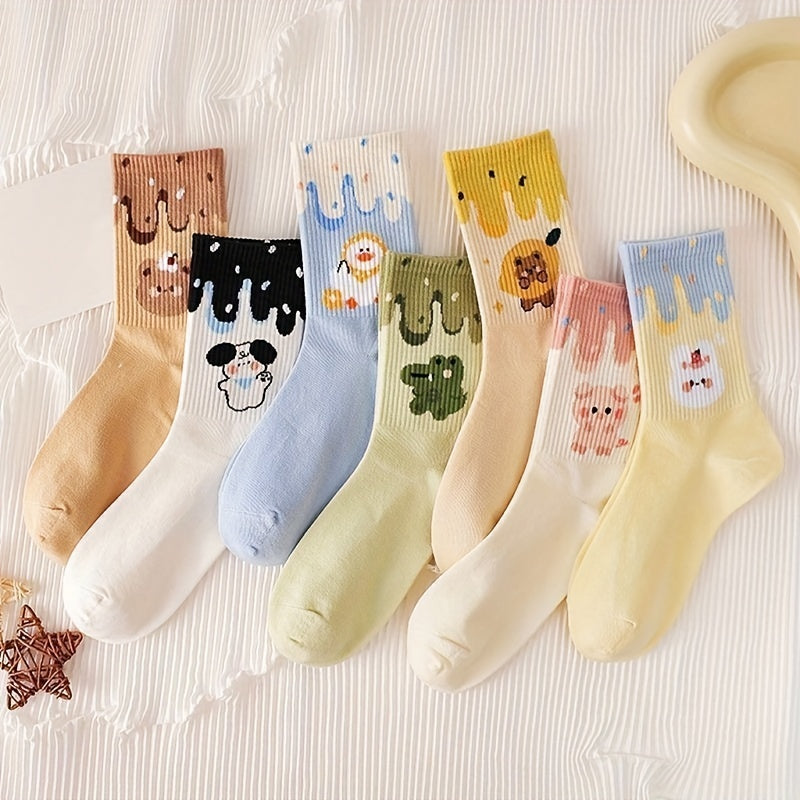 7 Pairs Cartoon Print Socks Women's Mid Tube Stockings