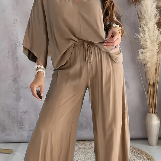 V Neck Loose Fit Top & Pants Two Piece Set