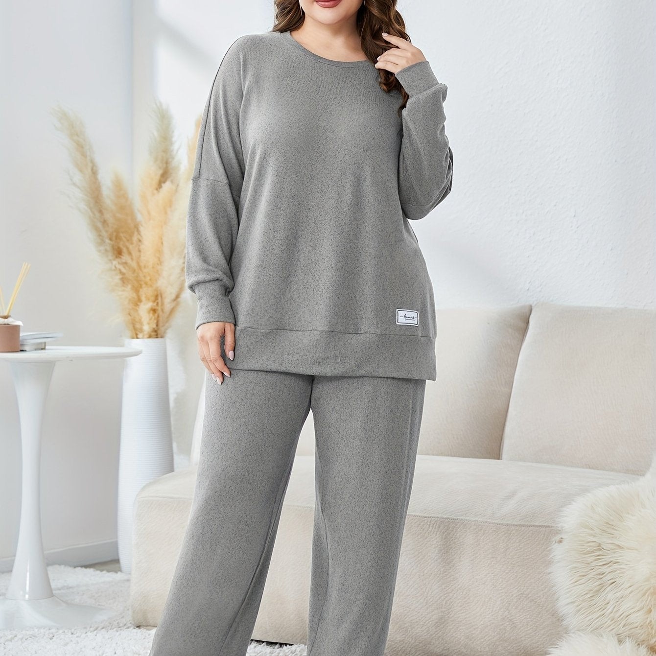 Solid Long Sleeve Top & Loose Pants Two Piece Set