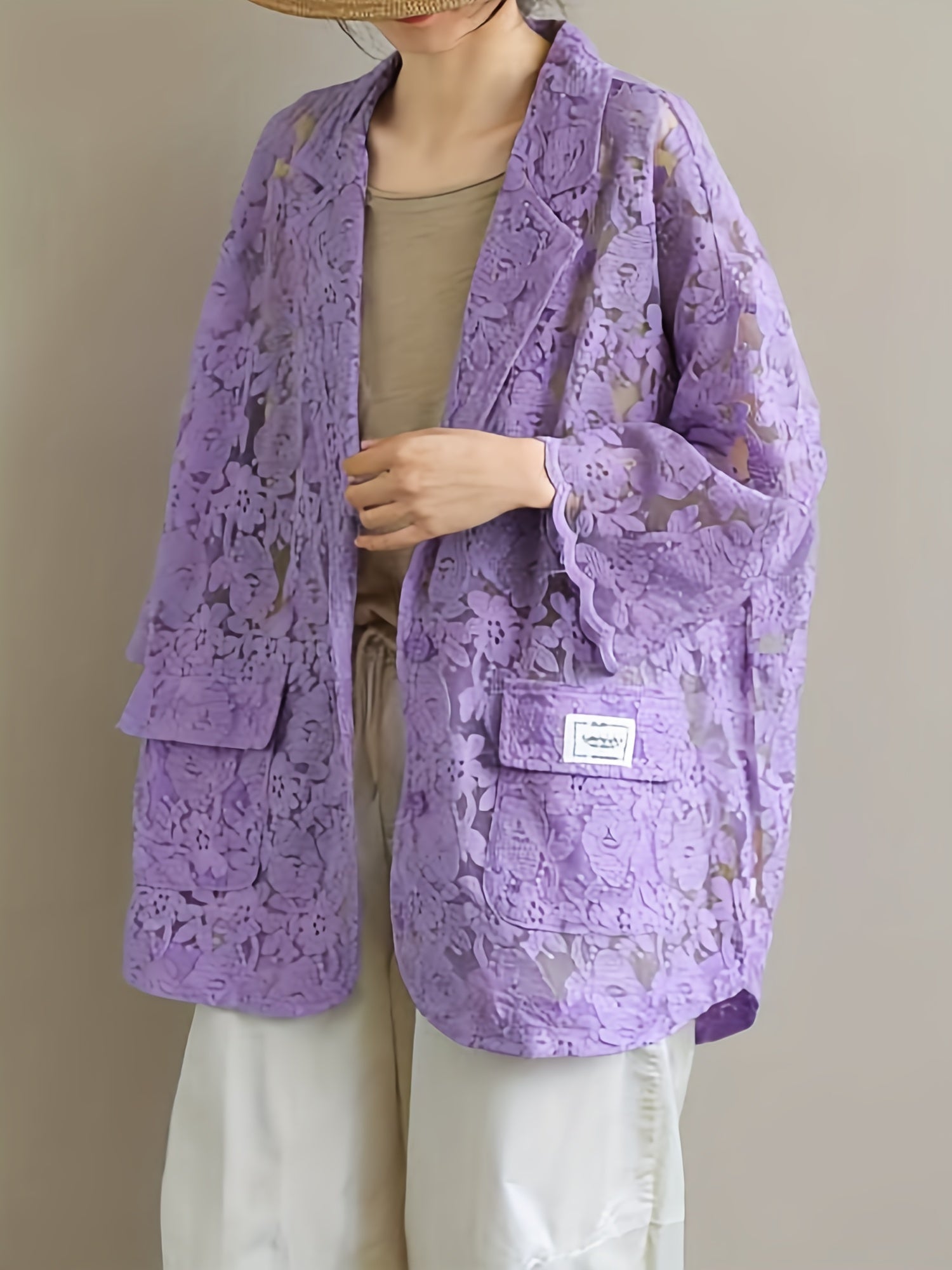 Lace Open Front Blazer Casual Lapel Blazer For Spring & Summer