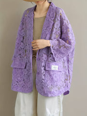 Lace Open Front Blazer Casual Lapel Blazer For Spring & Summer