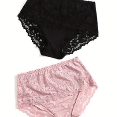 2 Pack Plus Size Lace Briefs Set Women's Mid Rise Breathable Panties