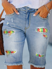 Women's Plus Size Fringe Trim Denim Shorts - Button Fly Ripped Stripe Print