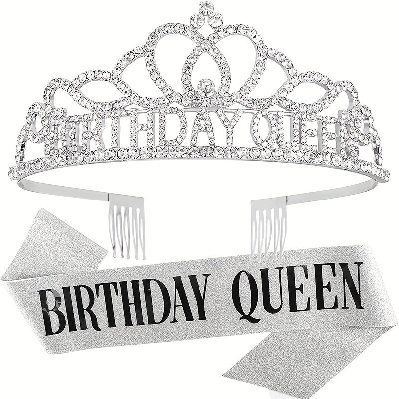 Girls Birthday Party Crown & Shoulder Strap Rhinestone Tiara Princess Set