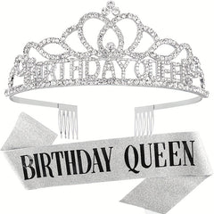Girls Birthday Party Crown & Shoulder Strap Rhinestone Tiara Princess Set