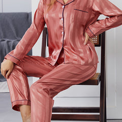 Striped Satin Pajama Set Long Sleeve Buttons Top & Elastic Waistband Pants