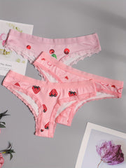 3 Pack Plus Size Thongs Set Women's Plus Fruit & Heart Print Lace Thongs