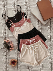 3-Piece Pajama Set: Cami Top & Lace Up Shorts