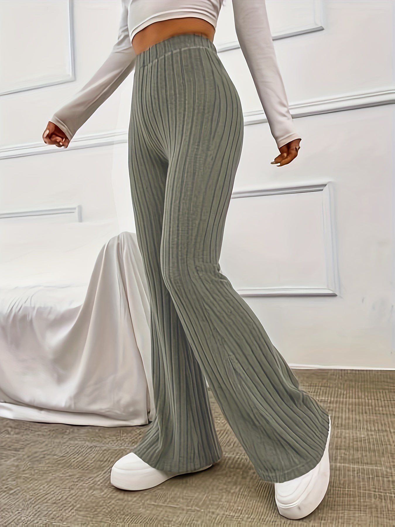 Ribbed Flare Leg Pants Spring & Fall Women's Clothing