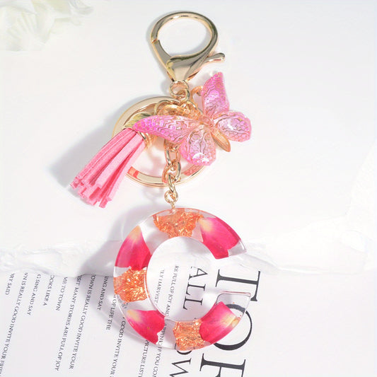 Resin Floral Letter Keychain with Tassel & Butterfly Pendant