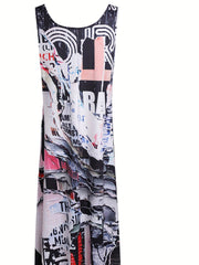 Casual Dress Random Print Round Neck High Stretch Tank Ma
