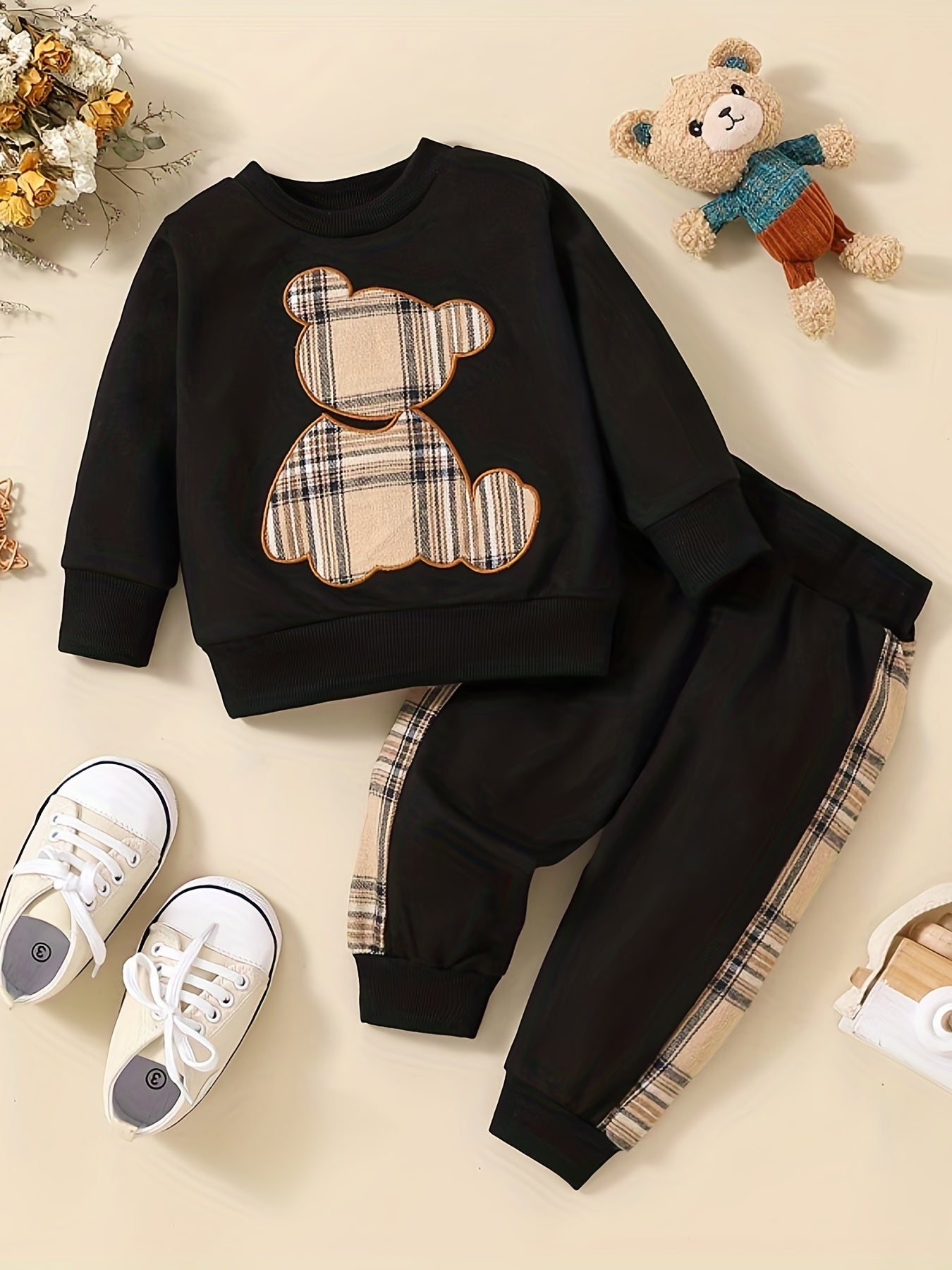 Toddler Baby Boy Bear Embroidered Pullover & Plaid Trousers Set