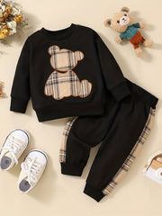 Toddler Baby Boy Bear Embroidered Pullover & Plaid Trousers Set