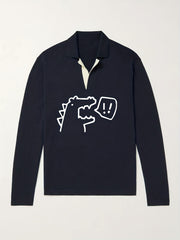 Dino Pattern Knit Polo Shirt Men's Casual Sweater