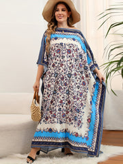 Boho Cover Up Dress Women's Plus Colorblock Floral Print Bat Sleeve V