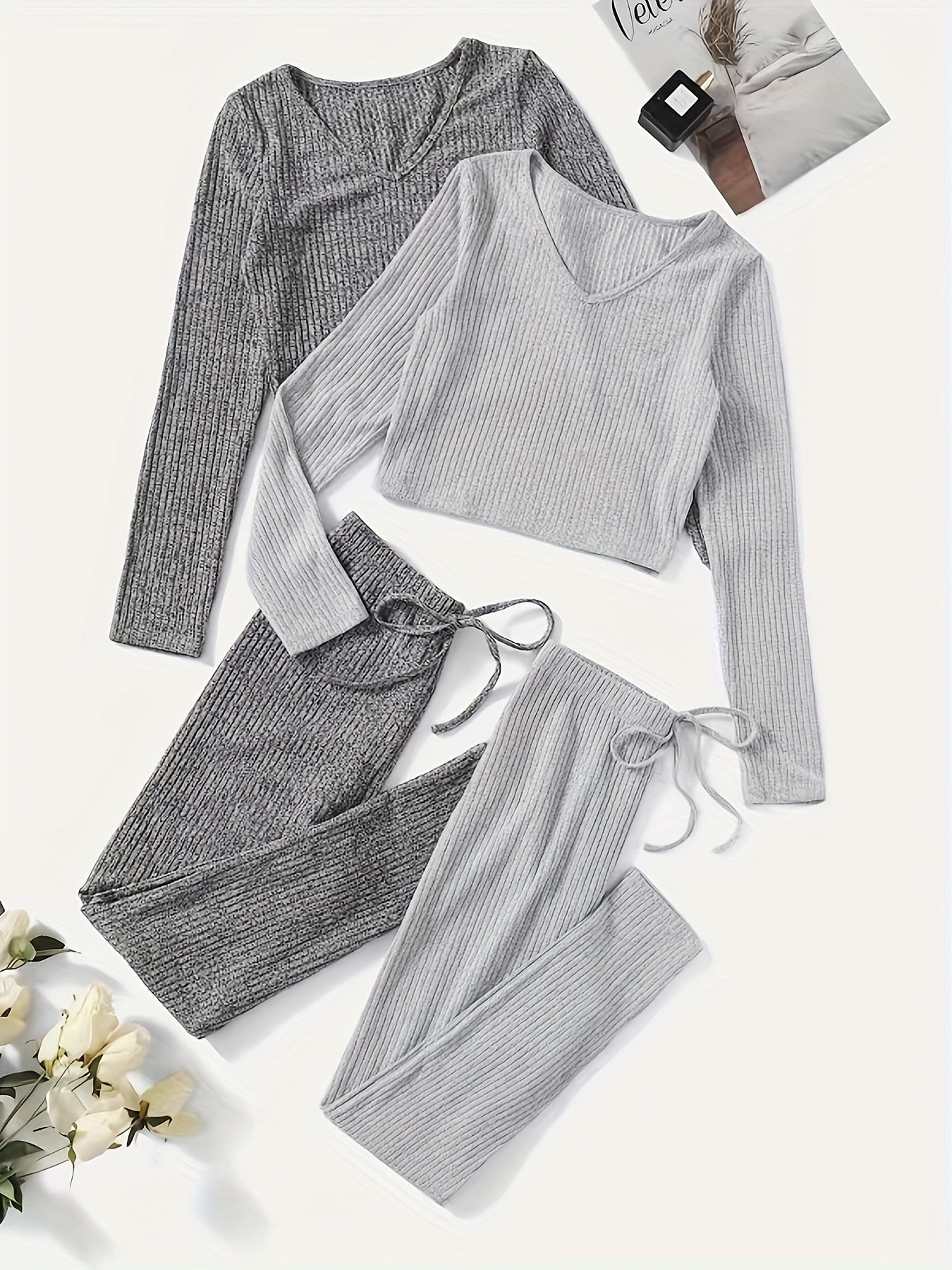 Solid Ribbed Lounge Set V Neck Top & Elastic Waistband Pants
