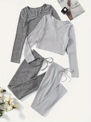 Solid Ribbed Lounge Set V Neck Top & Elastic Waistband Pants