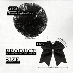 3pcs Cheer Pom Poms & Large Cheer Hair Bow Set - Metallic Accessory