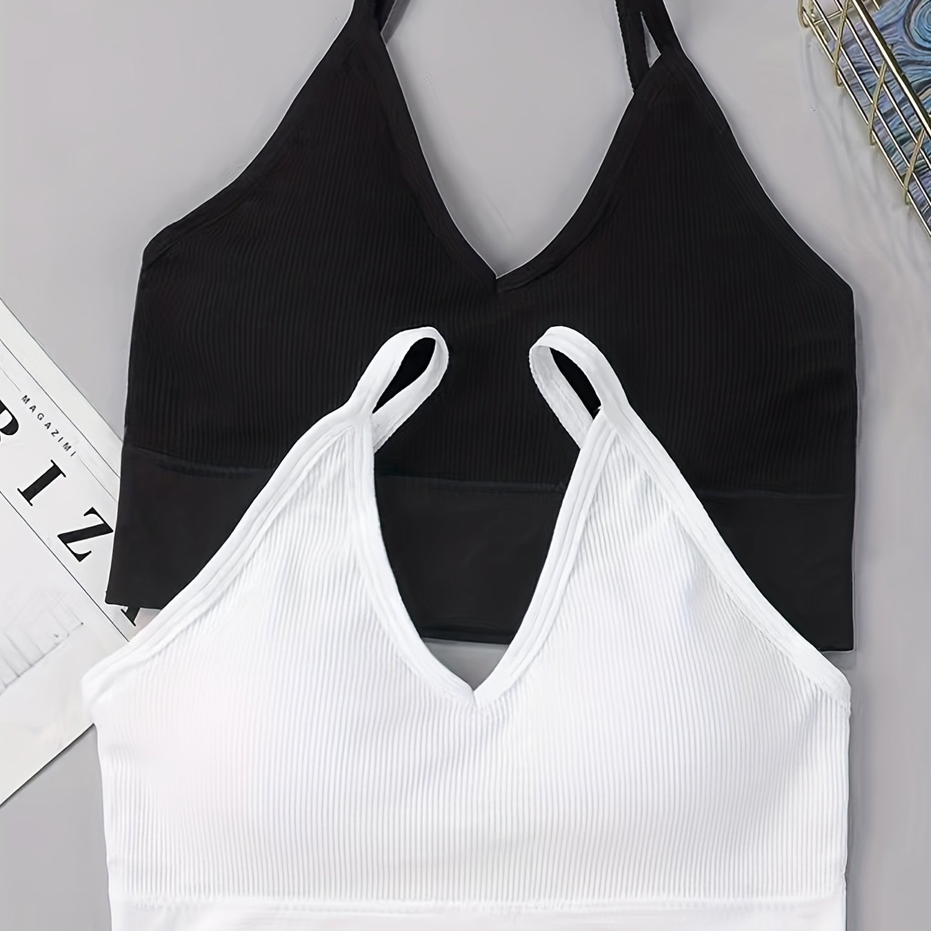 2pcs Ribbed Cami Tops V Neck Hollow Out Crop Top Women's Lingerie