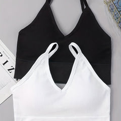 2pcs Ribbed Cami Tops V Neck Hollow Out Crop Top Women's Lingerie