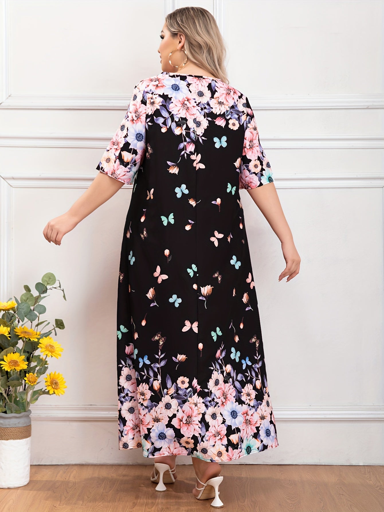 Plus Floral & Butterfly Print Half Sleeve V Neck Maxi Dress