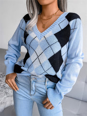 Argyle Print V Neck Long Sleeve Sweater Women's Clothing