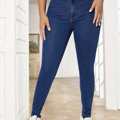 Curvy Plain Legs Dark Skinny Jeans High Waist Stretchy Denim Pants