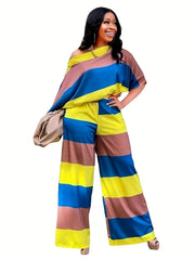 Striped One Shoulder Half Sleeve Top & Pants Set