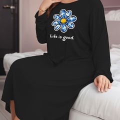 Floral & Slogan Print Long Sleeve Sleep Dress