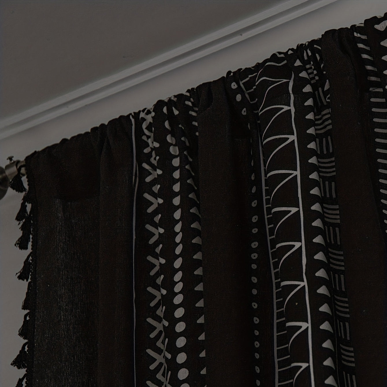 Geometric Printed Tassel Rod Pocket Curtain Cotton Linen Kitchen Bay Window