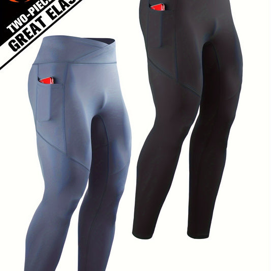 Men's Solid Pocket Leggings Active Compression Pants For Outdoor Running