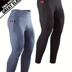 Men's Solid Pocket Leggings Active Compression Pants For Outdoor Running