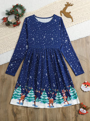 Snowflake Graphic Long Sleeve Dress Girls Comfy Dresses For Christmas