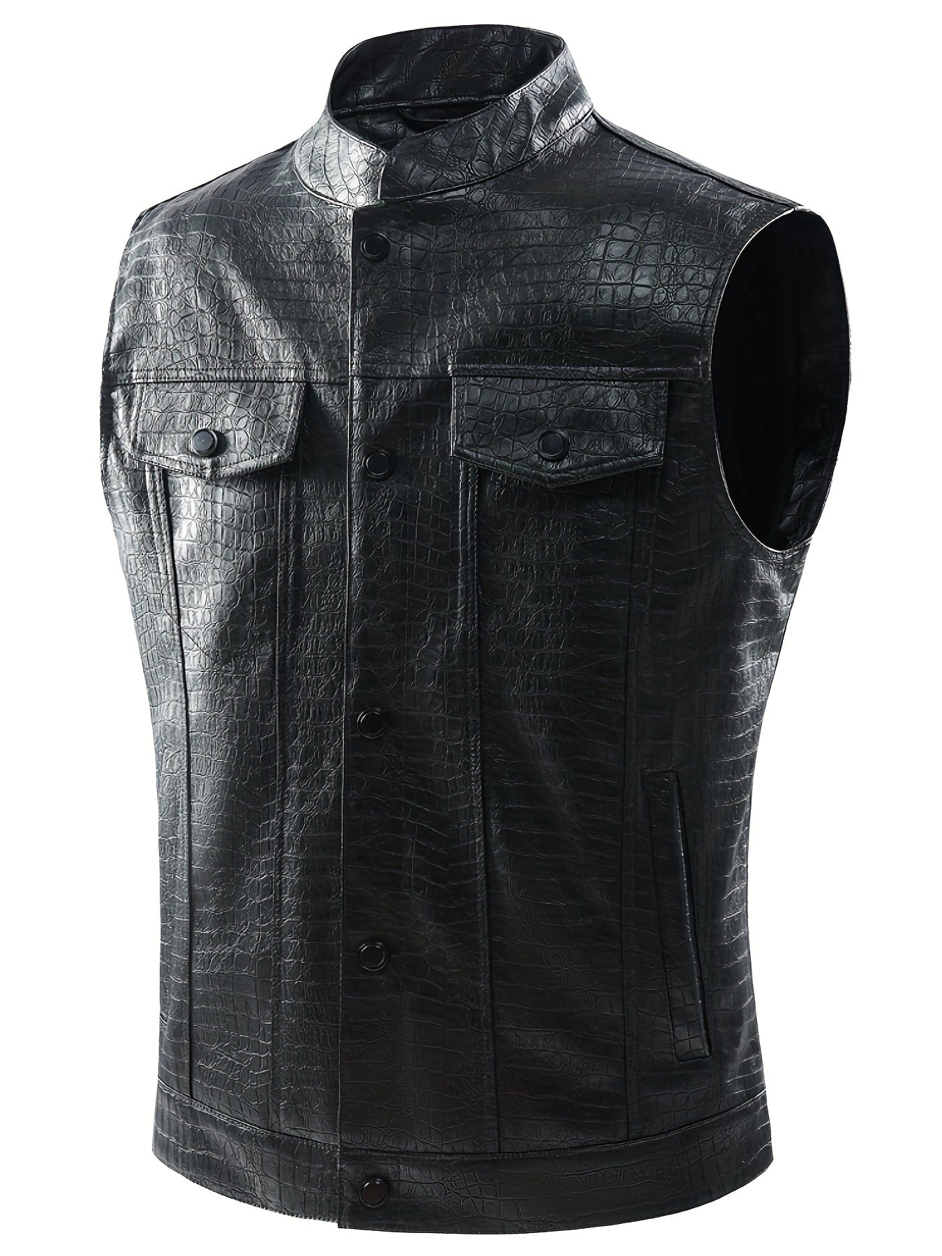 Men's Casual PU Leather Vest Button Up Lapel Sleeveless Punk Style