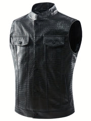 Men's Casual PU Leather Vest Button Up Lapel Sleeveless Punk Style