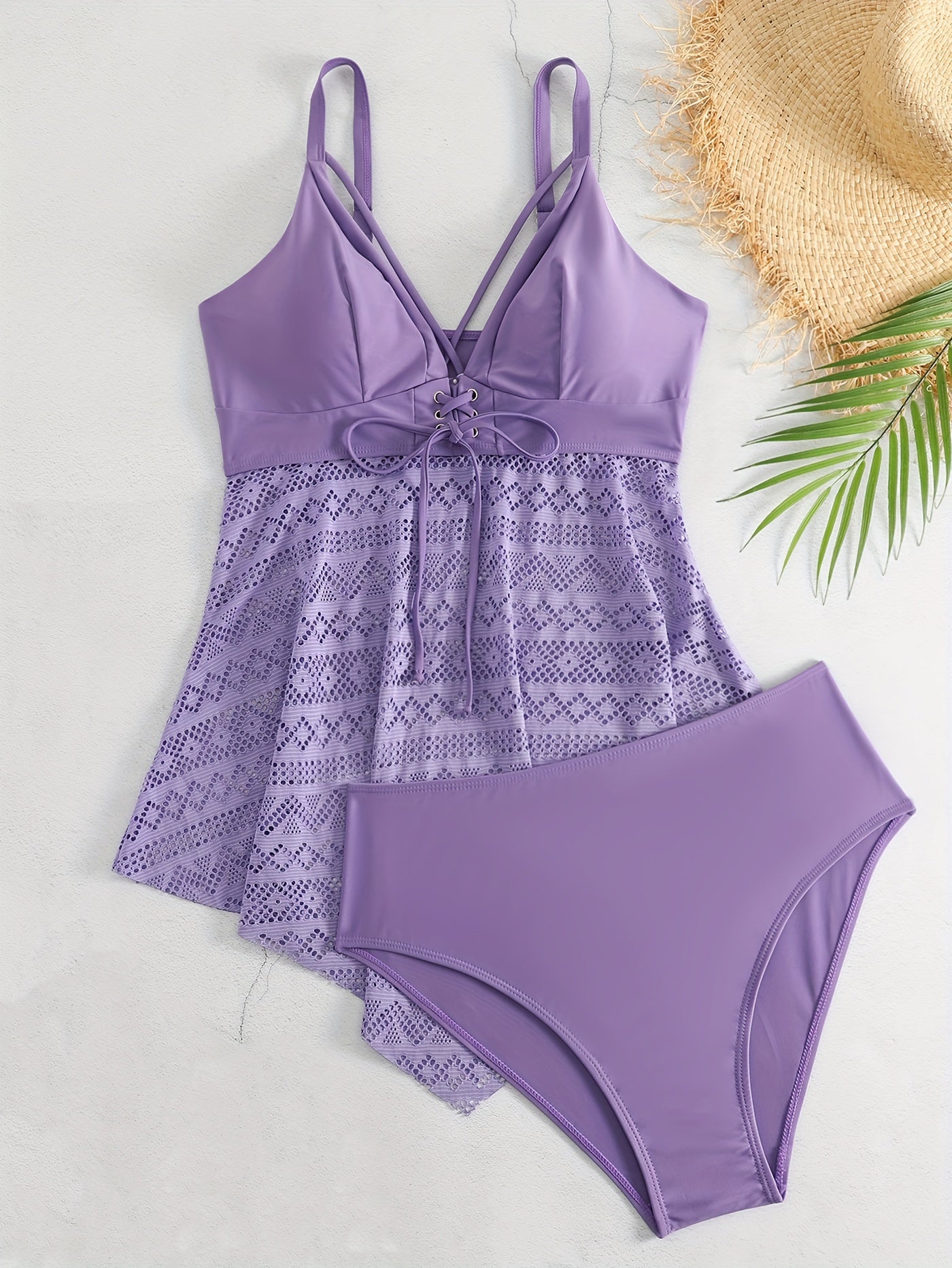 Eyelet Lace V Neck Tankini & Panty Swimsuit Set