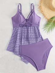 Eyelet Lace V Neck Tankini & Panty Swimsuit Set